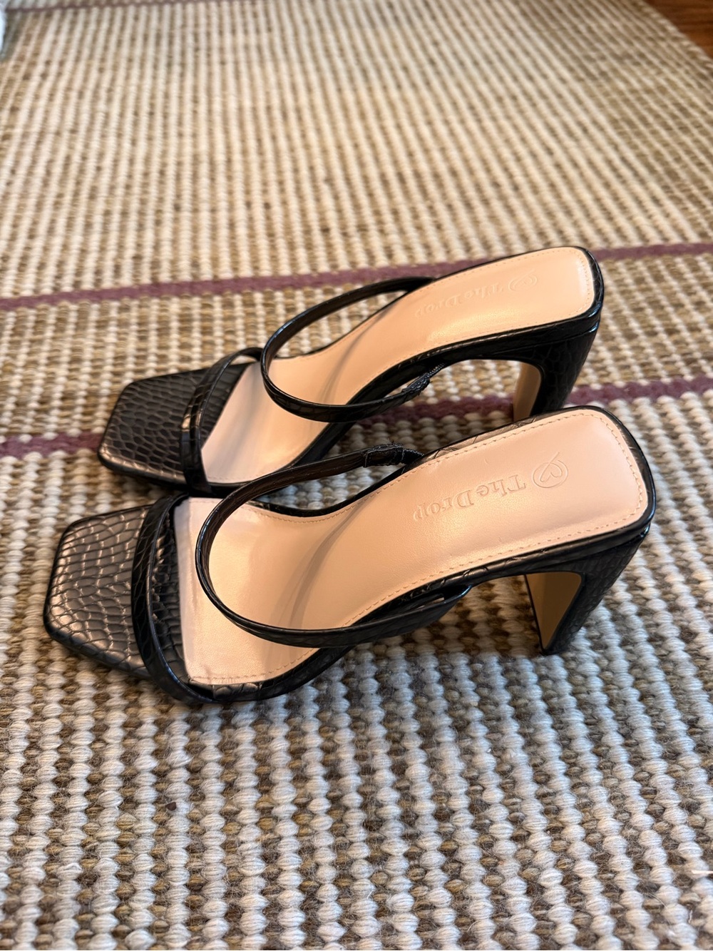“The Drop” Black crocodile skin texture open toed square heels